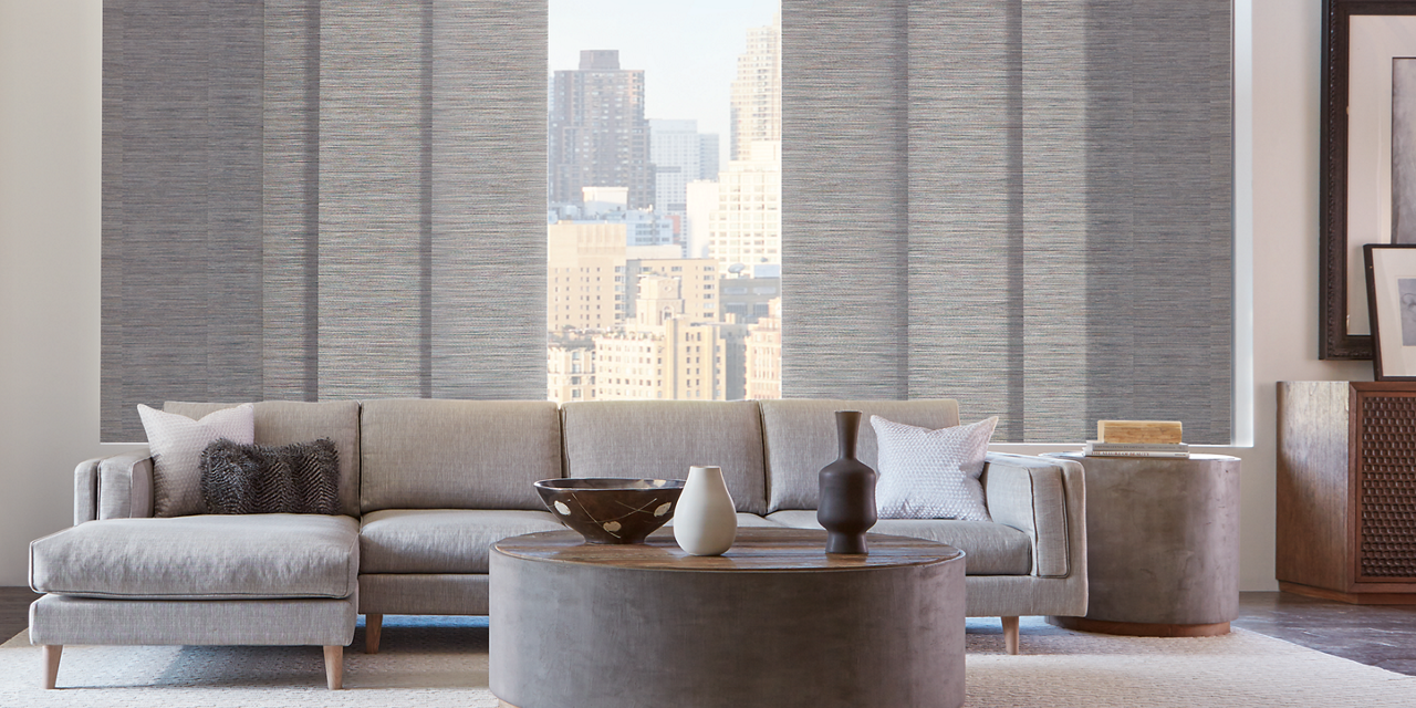 Living room featuring large windows with Hunter Douglas Skyline® Panel Track Blinds.